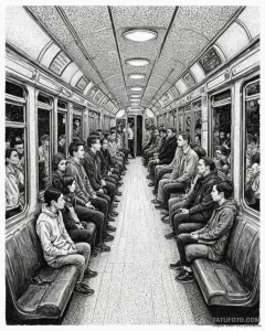 The interior of a subway car during rush hour... - эскиз тату (№1753039575_0, 20.07.2025 19:26) — Tatufoto.com