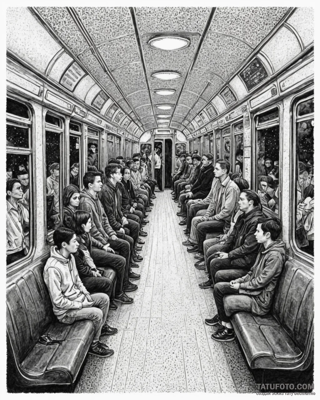 The interior of a subway car during rush hour... - эскиз тату (№1753039575_0, 20.07.2025 19:26) — Tatufoto.com