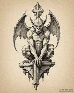 A graphic novel style tattoo of a gargoyle pe... - эскиз тату (№1753040480_0, 20.07.2025 19:41) — Tatufoto.com