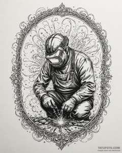 A welder at work, sparks showering down., tat... - эскиз тату (№1753040811_0, 20.07.2025 19:46) — Tatufoto.com