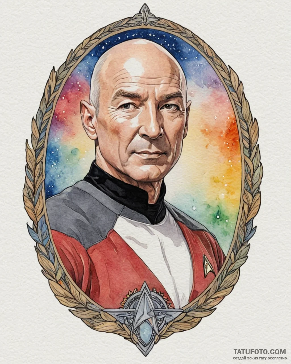 A watercolor portrait of captain jean-luc pic... - эскиз тату (№1753041554_0, 20.07.2025 19:59) — Tatufoto.com