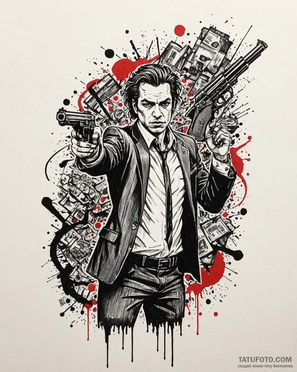 A trash polka tattoo of vincent vega accident… — эскиз тату (№1753042214_0, 20.07.2025 20:10) — Tatufoto.com