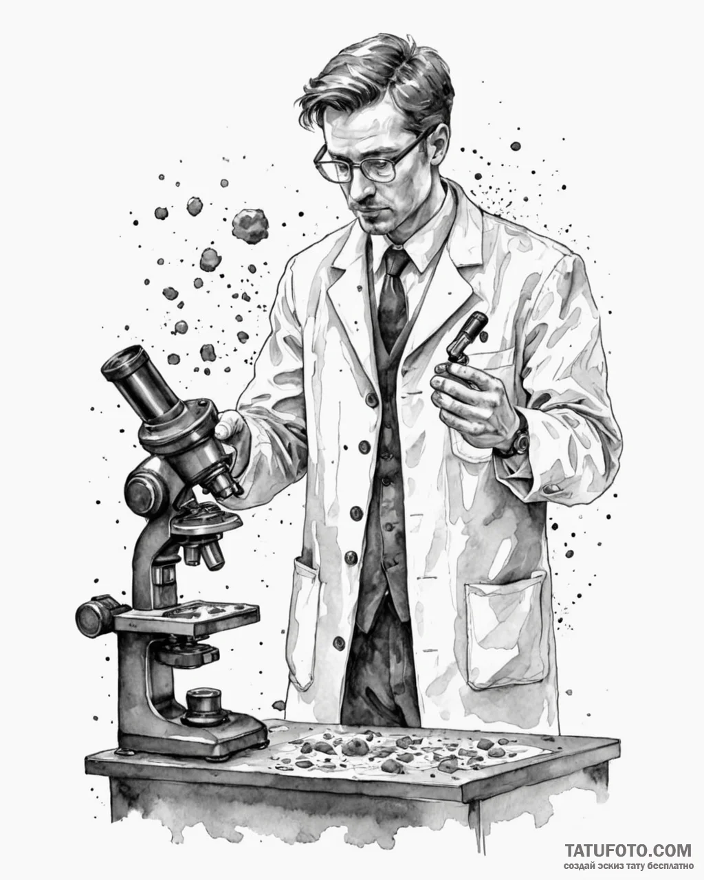 A scientist in a lab coat, looking at a petri... - эскиз тату (№1753042297_0, 20.07.2025 20:11) — Tatufoto.com
