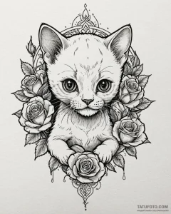 Kitten, artistic tattoo sketch, on a clean wh... - эскиз тату (№1753044943_0, 20.07.2025 20:55) — Tatufoto.com