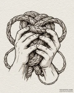A person's hands tying a complex knot with a... - эскиз тату (№1753045767_0, 20.07.2025 21:09) — Tatufoto.com