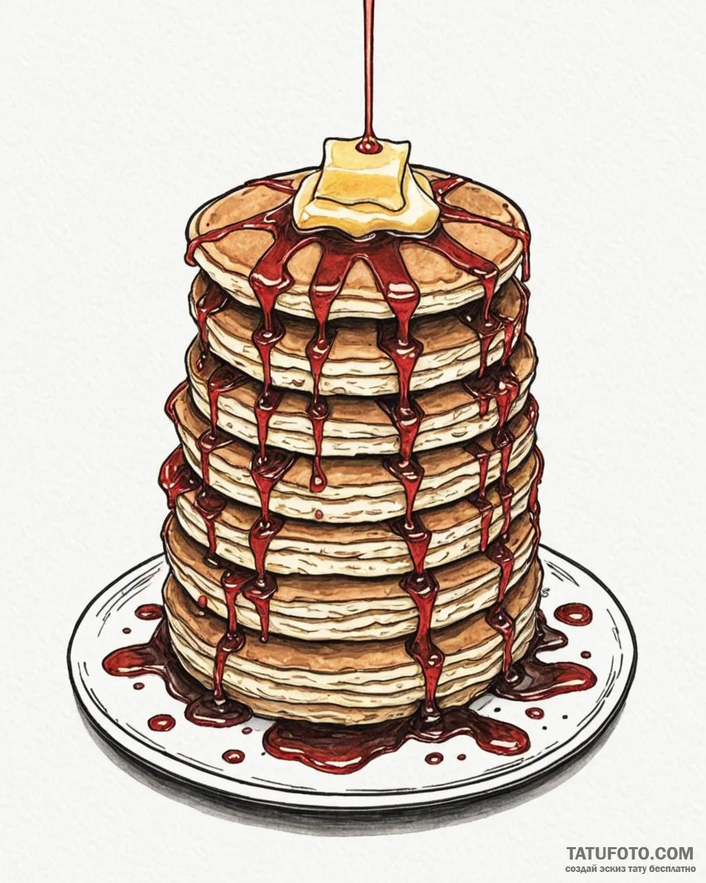 A stack of fluffy pancakes with syrup drippin... - эскиз тату (№1753046923_0, 20.07.2025 21:28) — Tatufoto.com