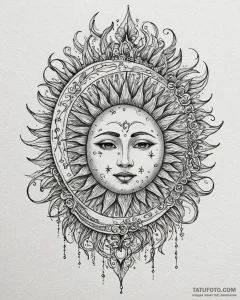 Sun and moon, ink illustration for tattoo, or... - эскиз тату (№1753047914_0, 20.07.2025 21:45) — Tatufoto.com