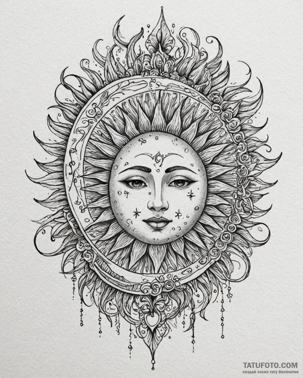 Sun and moon, ink illustration for tattoo, or... - эскиз тату (№1753047914_0, 20.07.2025 21:45) — Tatufoto.com
