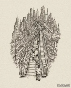People commuting on the escalators of a moder... - эскиз тату (№1753051382_0, 20.07.2025 22:43) — Tatufoto.com