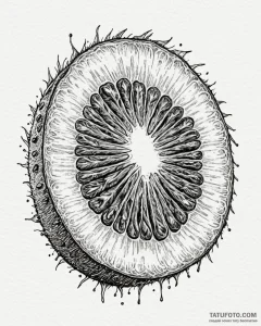 A close-up of a slice of kiwi, showing its in... - эскиз тату (№1753052699_0, 20.07.2025 23:04) — Tatufoto.com