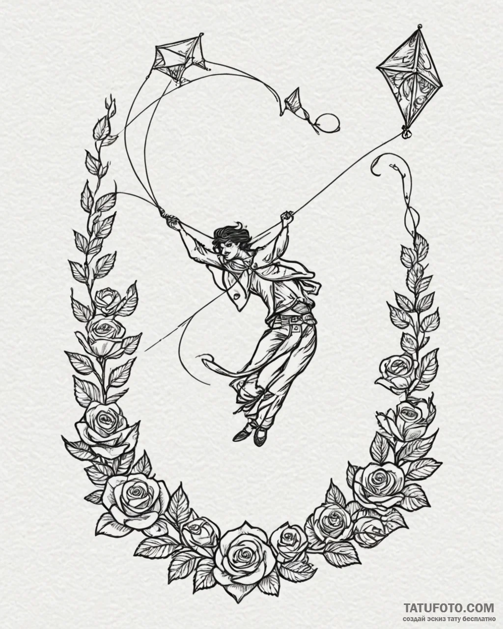 A person flying a kite on a windy day., tatto... - эскиз тату (№1753054019_0, 20.07.2025 23:26) — Tatufoto.com