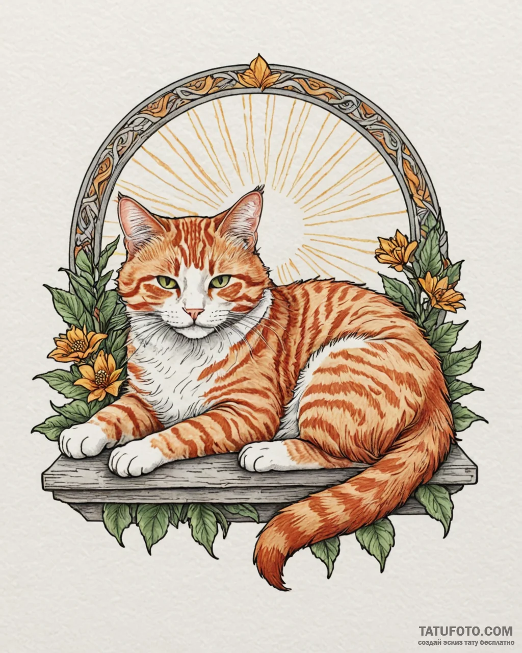 A fluffy ginger cat napping in a sunbeam on a... - эскиз тату (№1753054102_0, 20.07.2025 23:28) — Tatufoto.com