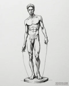 A street performer disguised as a silver stat... - эскиз тату (№1753054680_0, 20.07.2025 23:38) — Tatufoto.com
