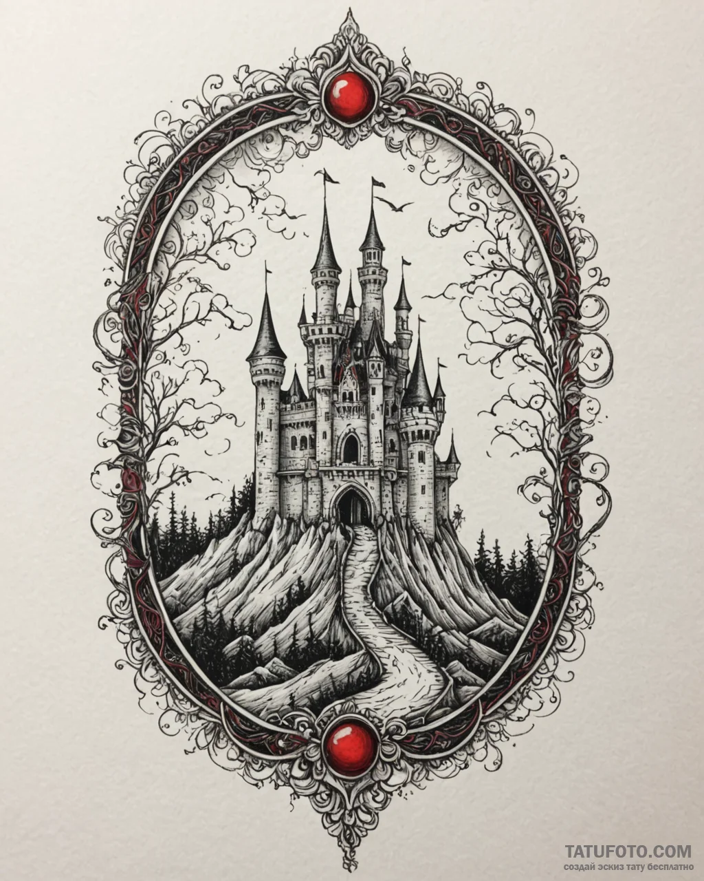 Tattoo design a shadowy castle on a hill unde... - эскиз тату (№1753056004_0, 21.07.2025 00:00) — Tatufoto.com