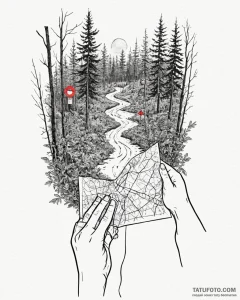 A person holding a map, looking lost in a den... - эскиз тату (№1753056333_0, 21.07.2025 00:05) — Tatufoto.com