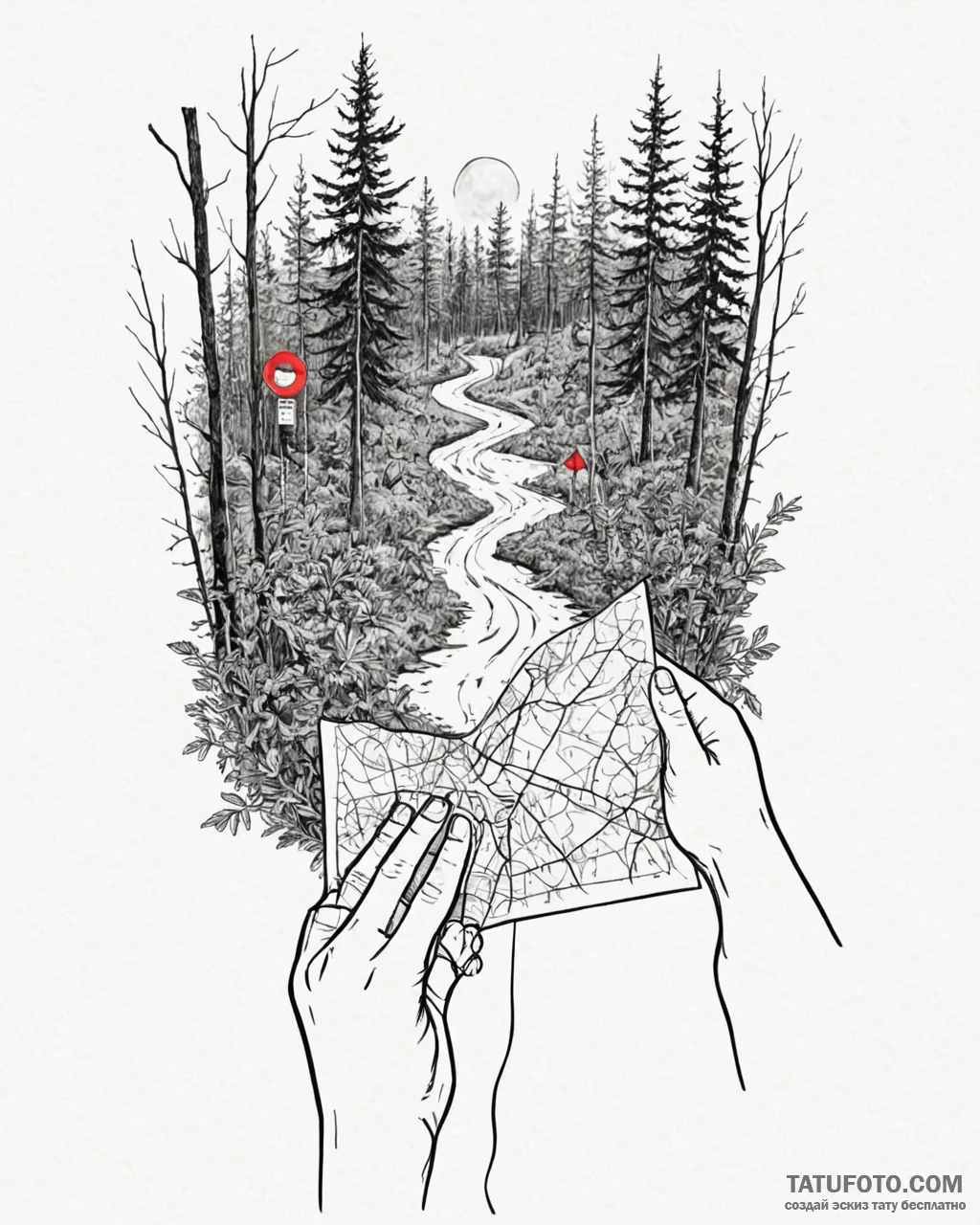 A person holding a map, looking lost in a den... - эскиз тату (№1753056333_0, 21.07.2025 00:05) — Tatufoto.com