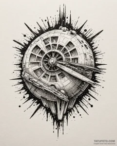Trash polka tattoo of the millennium falcon e... - эскиз тату (№1753056415_0, 21.07.2025 00:06) — Tatufoto.com