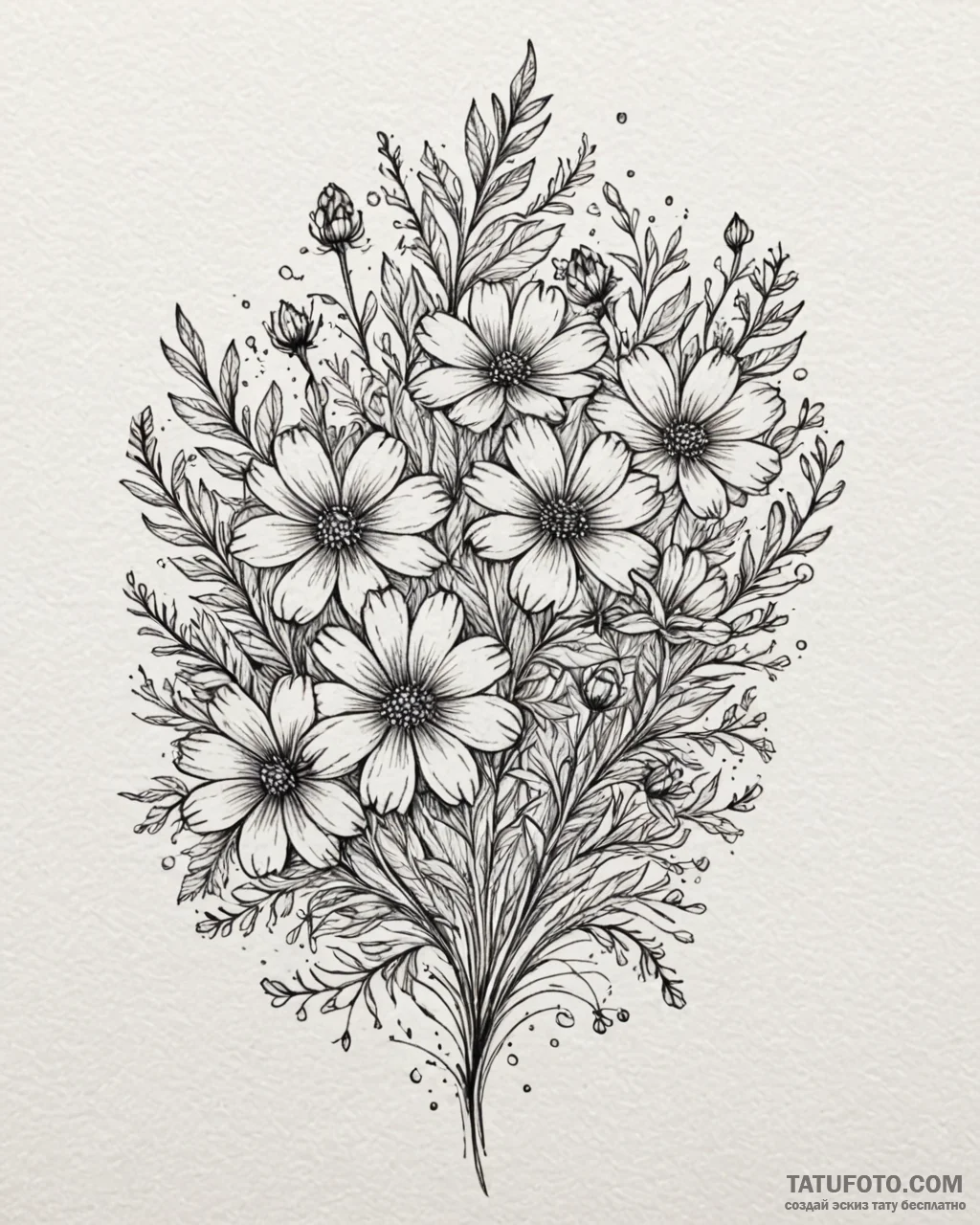 Tattoo design a cluster of wildflowers, each... - эскиз тату (№1753059137_0, 21.07.2025 00:52) — Tatufoto.com