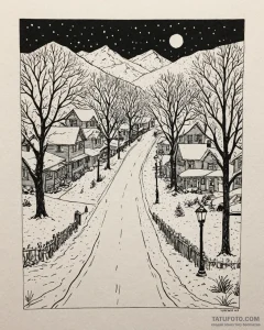 A quiet, snow-covered residential street in a... - эскиз тату (№1753060212_0, 21.07.2025 01:10) — Tatufoto.com