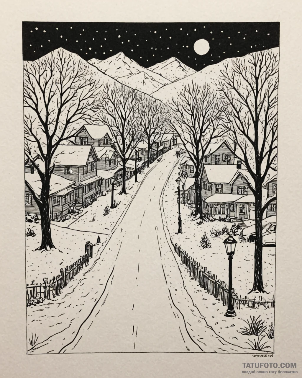 A quiet, snow-covered residential street in a… — эскиз тату (№1753060212_0, 21.07.2025 01:10) — Tatufoto.com