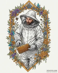 A beekeeper inspecting a honeycomb frame., ar... - эскиз тату (№1753060542_0, 21.07.2025 01:15) — Tatufoto.com