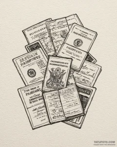 A pile of old, worn-out passports., tattoo sk... - эскиз тату (№1753060624_0, 21.07.2025 01:17) — Tatufoto.com