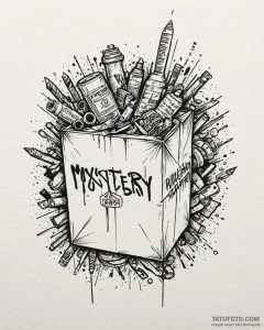 A trash polka composition of the mystery box... - эскиз тату (№1753060706_0, 21.07.2025 01:18) — Tatufoto.com
