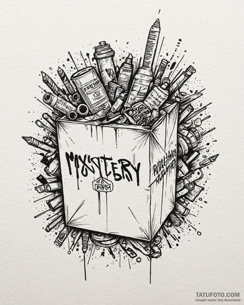 A trash polka composition of the mystery box... - эскиз тату (№1753060706_0, 21.07.2025 01:18) — Tatufoto.com