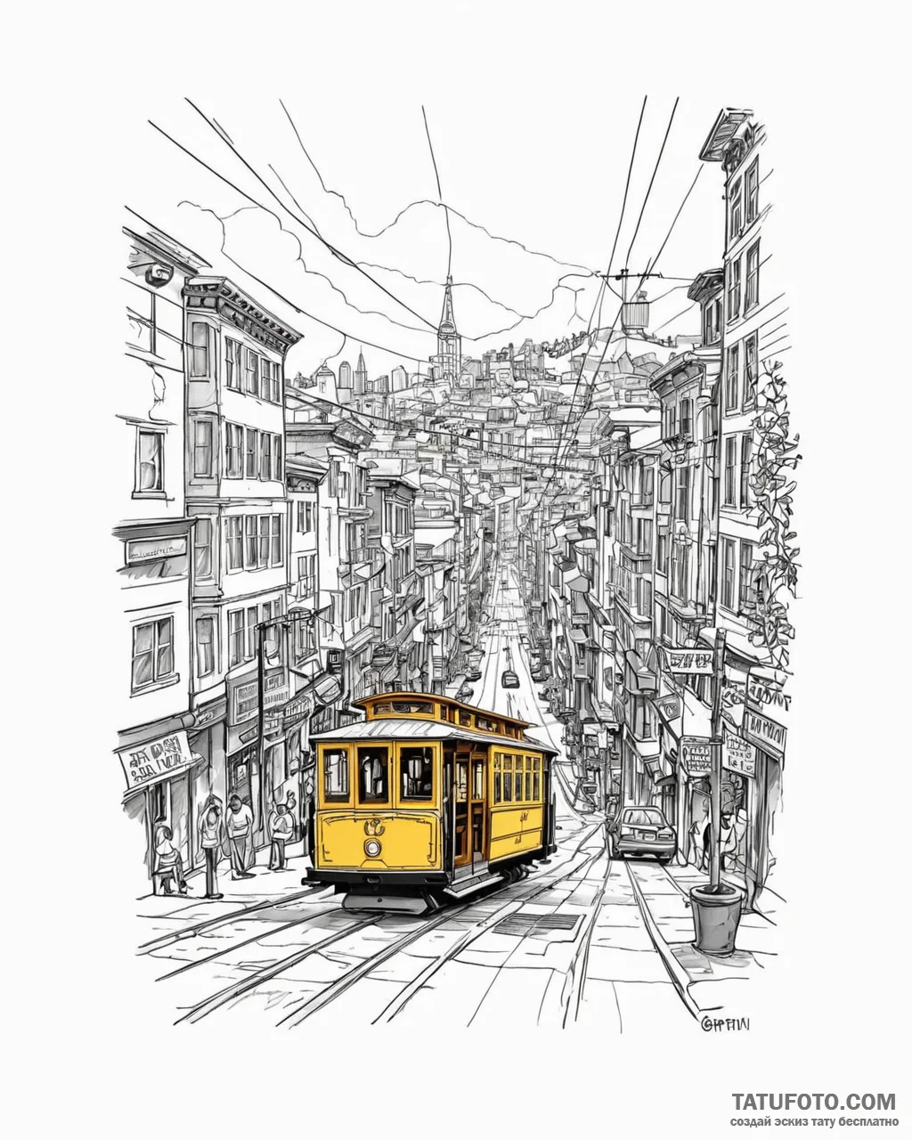 A street-level view of the iconic cable cars... - эскиз тату (№1753061611_0, 21.07.2025 01:33) — Tatufoto.com