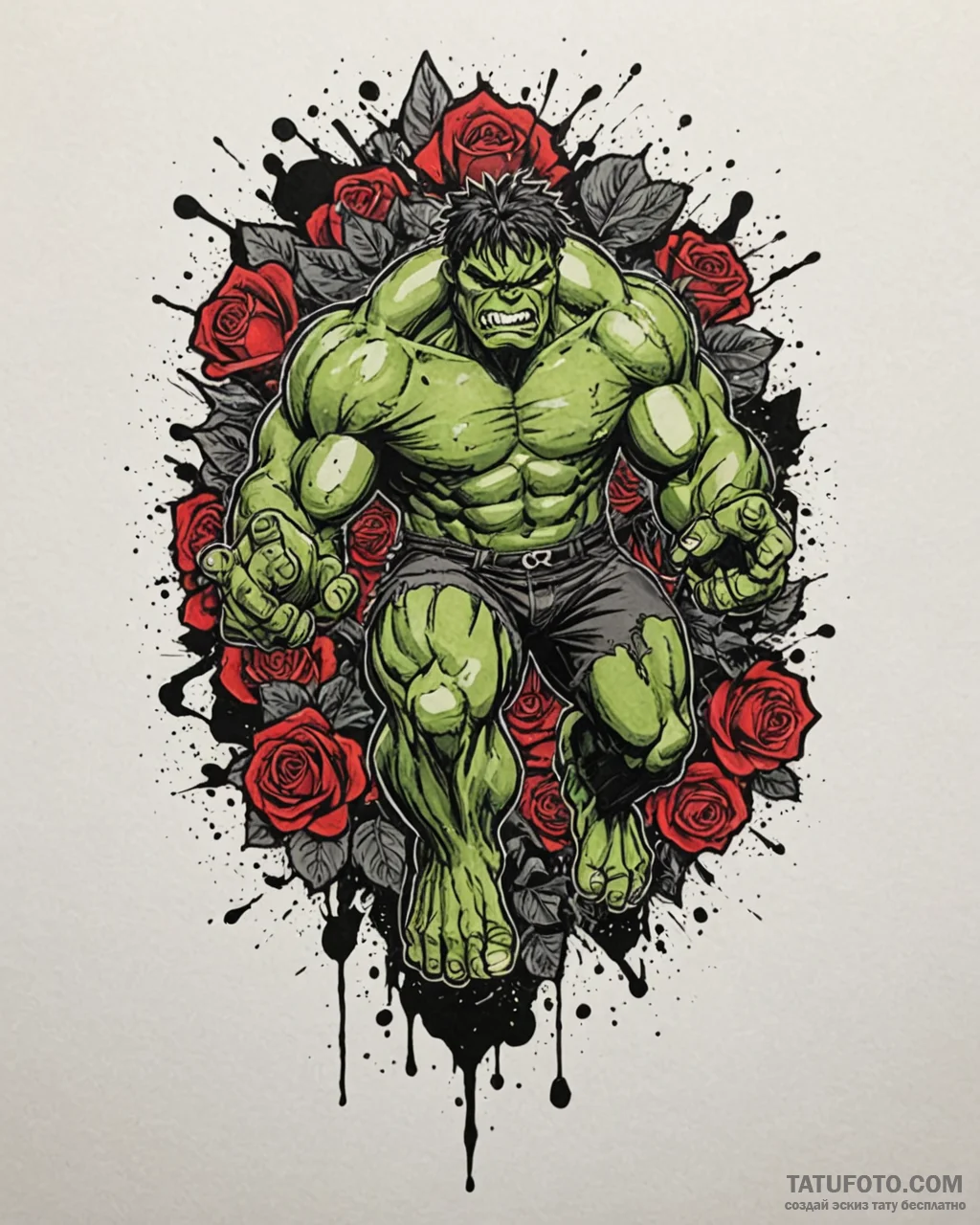 A trash polka sketch of the hulk, mid-smash,... - эскиз тату (№1753062106_0, 21.07.2025 01:41) — Tatufoto.com