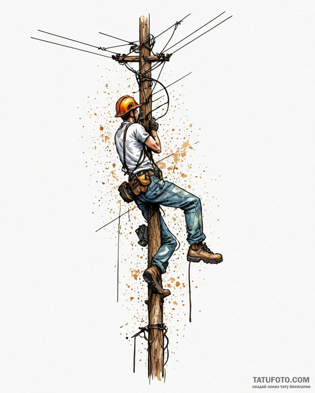 A power line technician working high up on a... - эскиз тату (№1753062519_0, 21.07.2025 01:48) — Tatufoto.com
