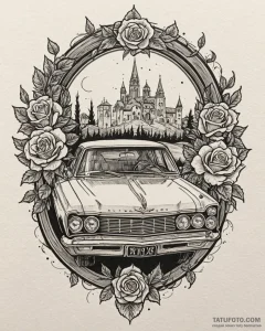A graphic novel panel of the haunted plymouth... - эскиз тату (№1753062931_0, 21.07.2025 01:55) — Tatufoto.com