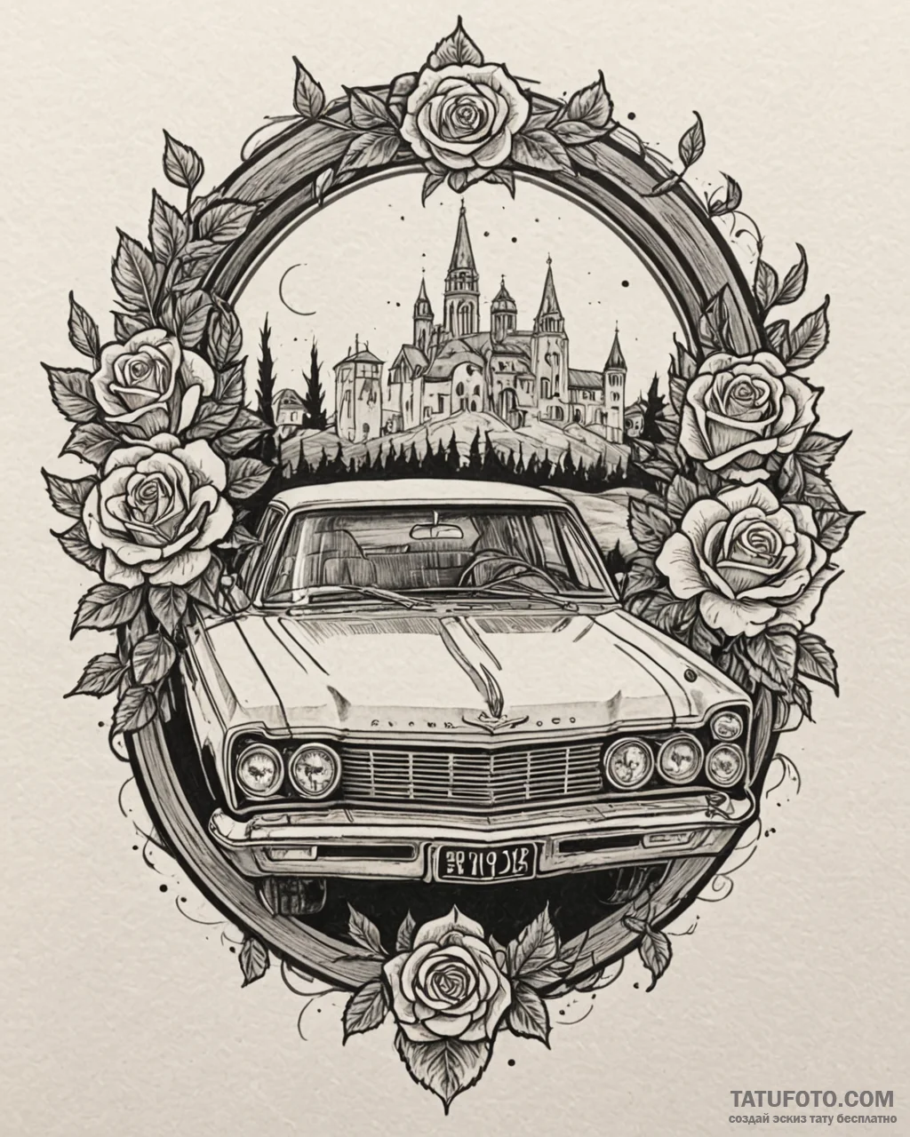 A graphic novel panel of the haunted plymouth… — эскиз тату (№1753062931_0, 21.07.2025 01:55) — Tatufoto.com