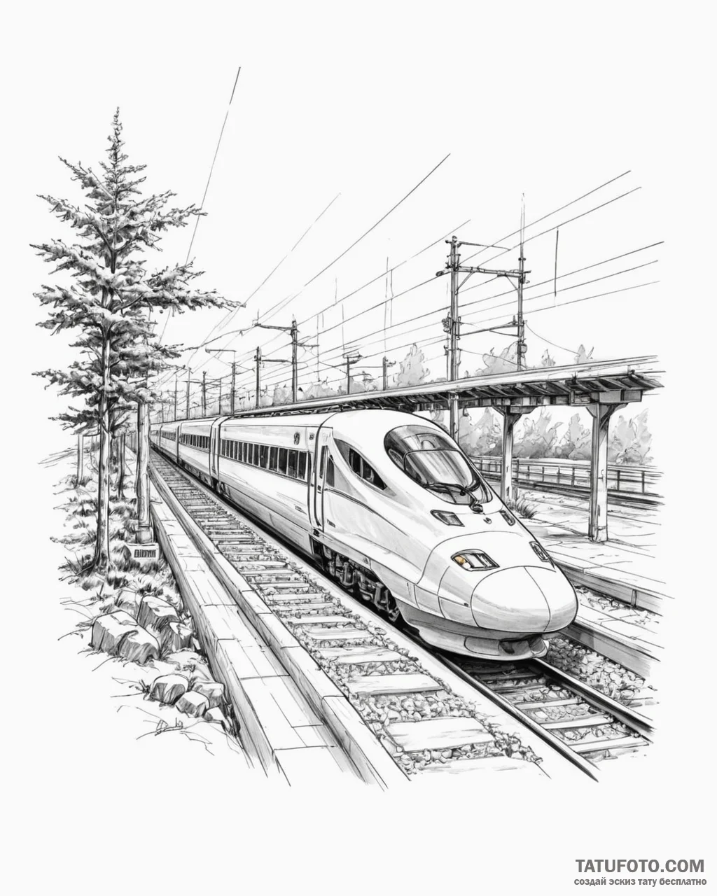 A sleek, modern high-speed bullet train blurr... - эскиз тату (№1753063593_0, 21.07.2025 02:06) — Tatufoto.com