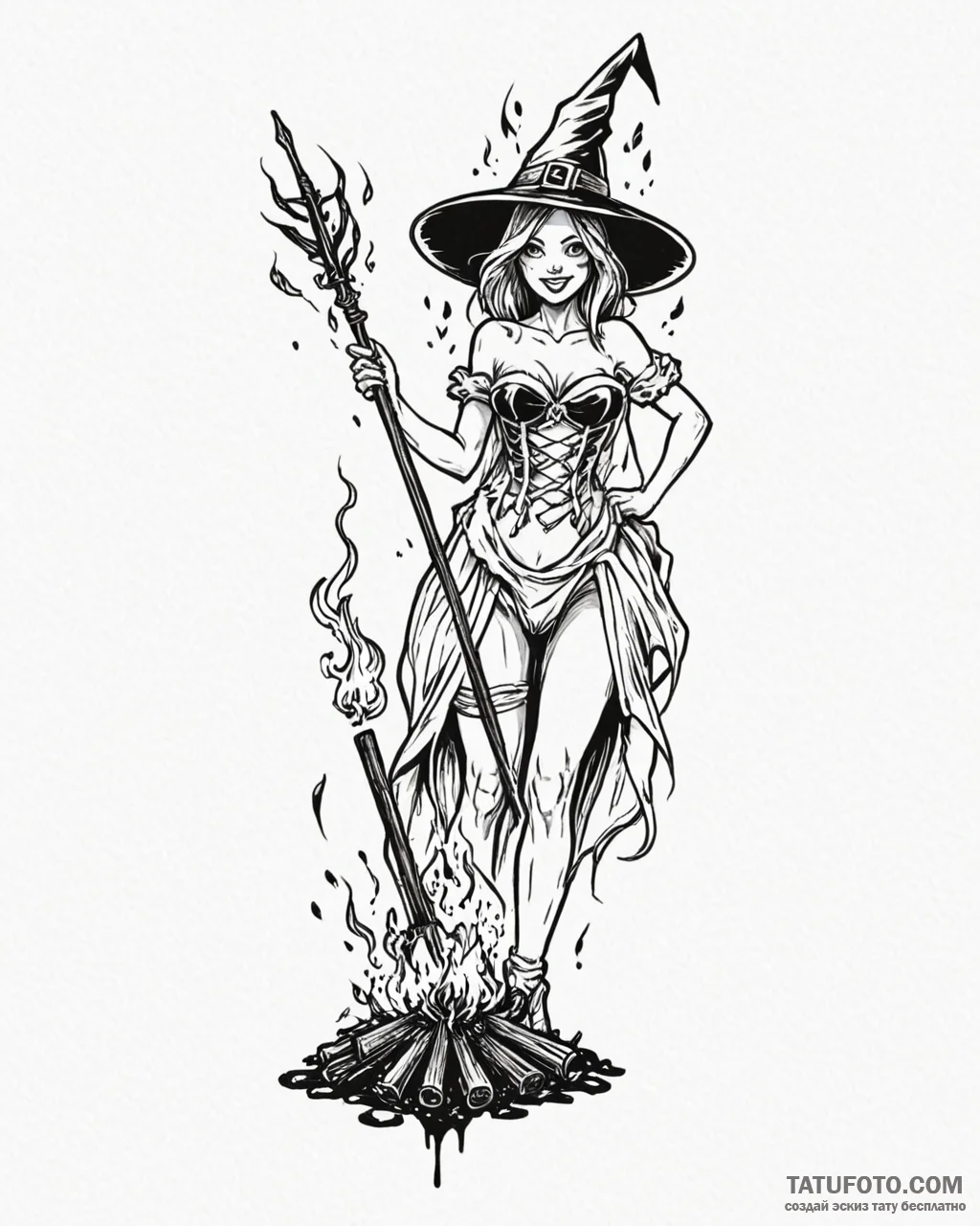 A trash polka tattoo of a beautiful witch bei... - эскиз тату (№1753064907_0, 21.07.2025 02:28) — Tatufoto.com