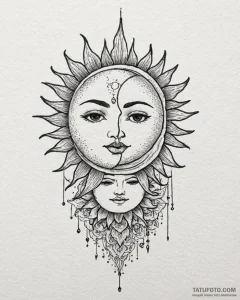 Tattoo sketch a minimalist sun and moon, half... - эскиз тату (№1753065154_0, 21.07.2025 02:32) — Tatufoto.com