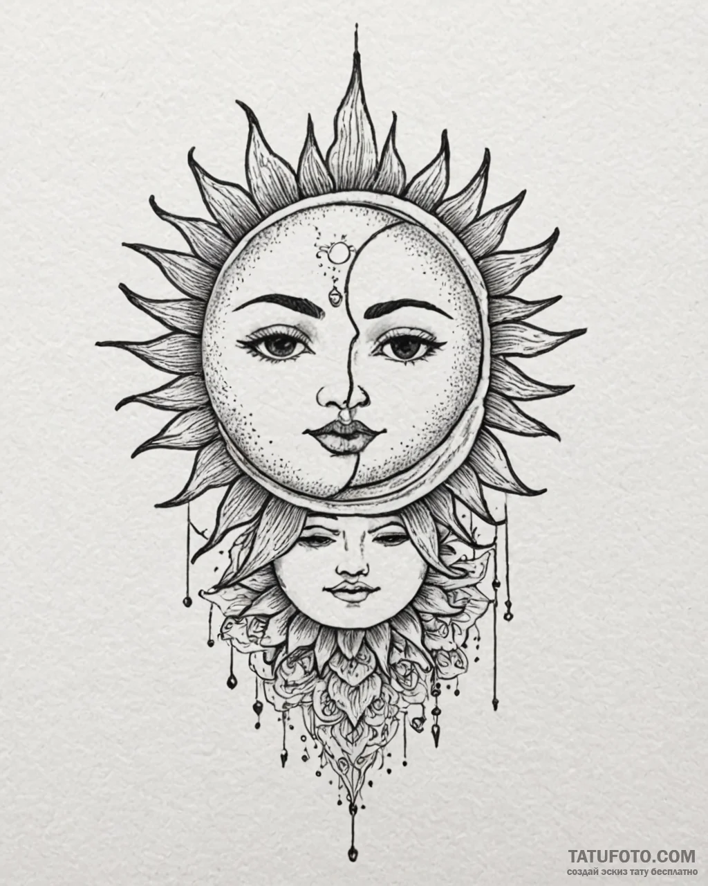 Tattoo sketch a minimalist sun and moon, half... - эскиз тату (№1753065154_0, 21.07.2025 02:32) — Tatufoto.com