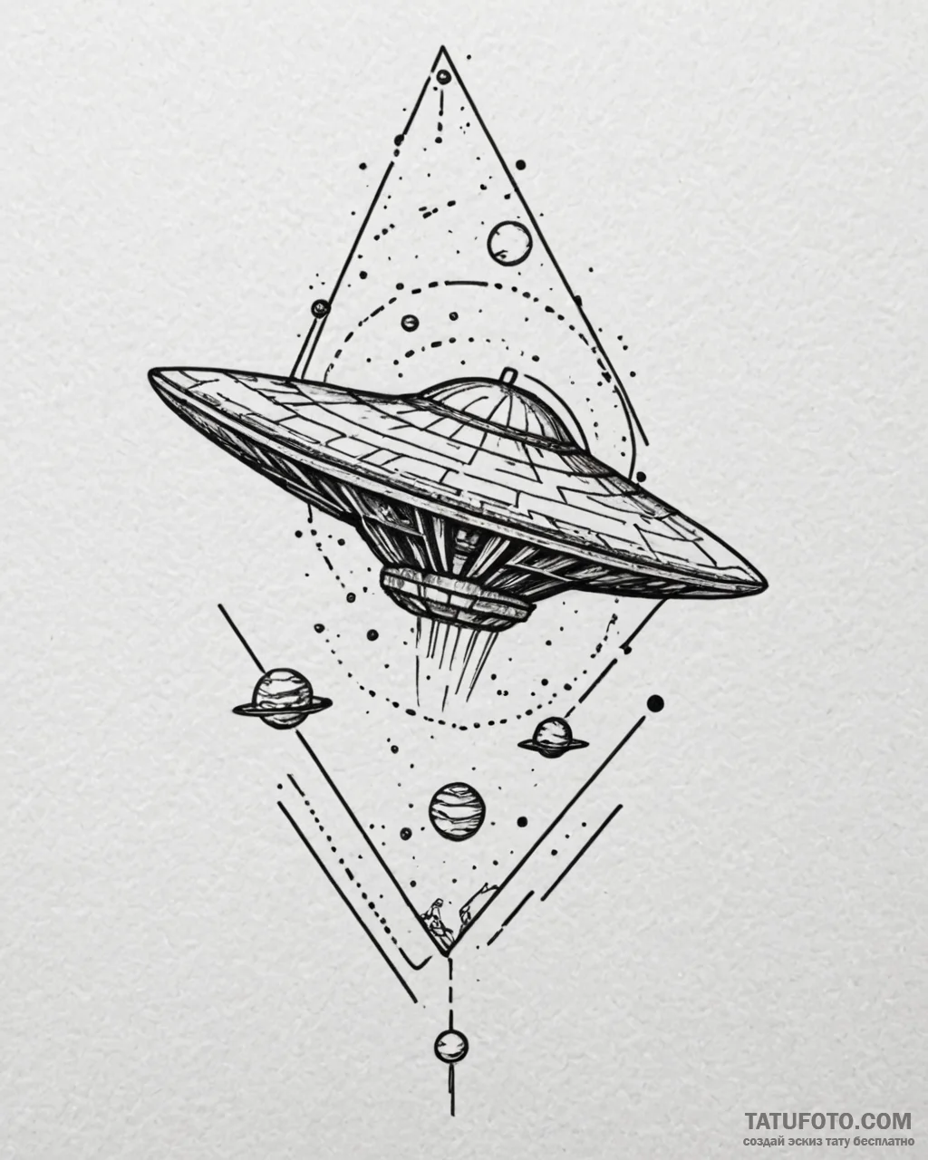 Tattoo sketch a stylized spaceship hovering o... - эскиз тату (№1753065400_0, 21.07.2025 02:36) — Tatufoto.com