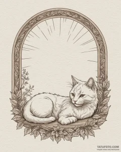 A fluffy ginger cat napping in a sunbeam on a... - эскиз тату (№1753065565_0, 21.07.2025 02:39) — Tatufoto.com