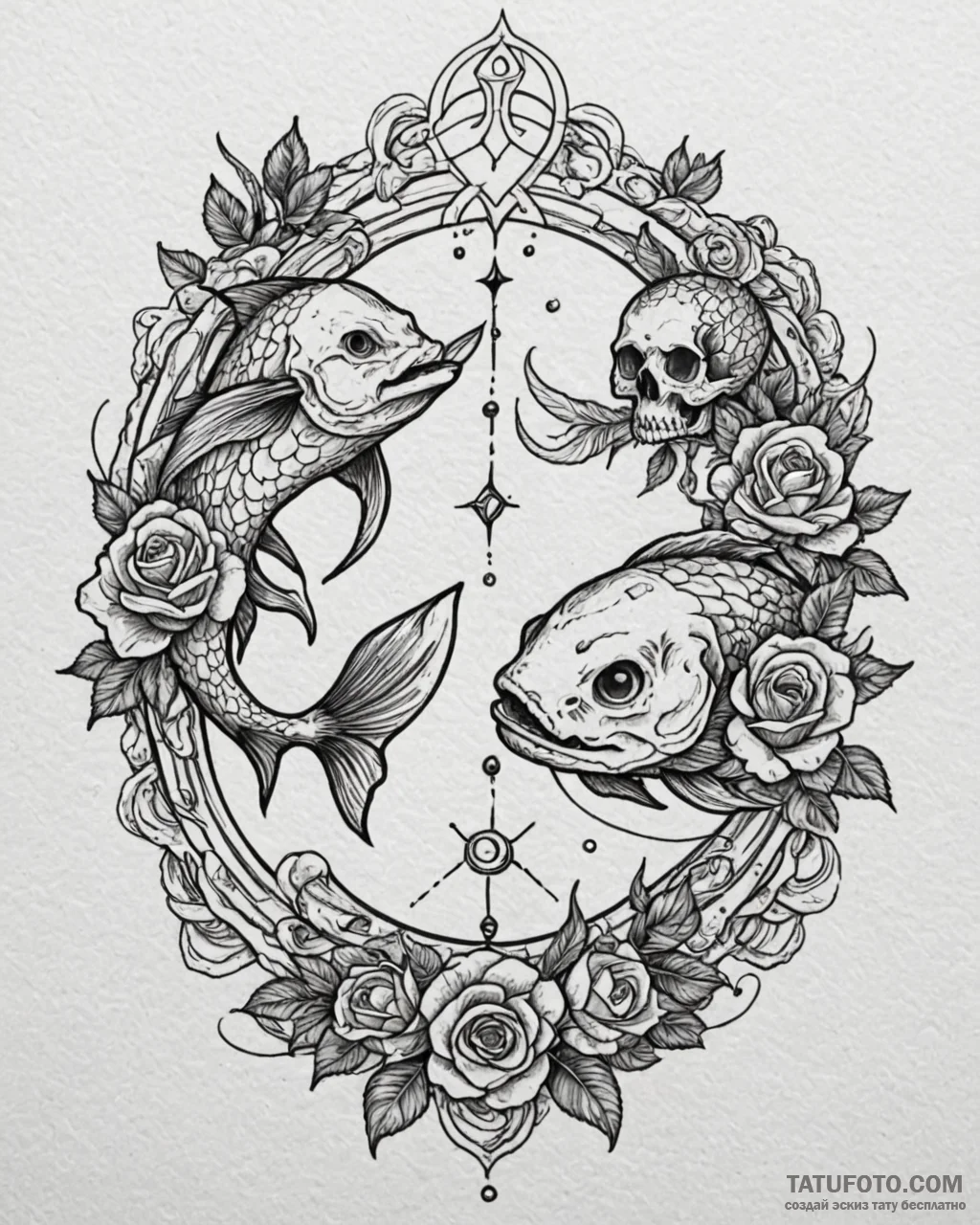 Tattoo design pisces fish as ancient spiritua… — эскиз тату (№1753068137_0, 21.07.2025 03:22) — Tatufoto.com