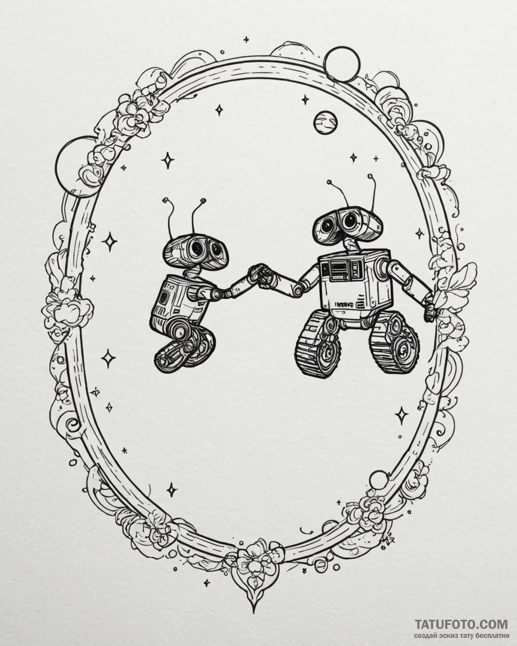 A linework tattoo of wall-e and eve dancing i… — эскиз тату (№1753068303_0, 21.07.2025 03:25) — Tatufoto.com