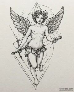 Cupid, tattoo drawing outline, on a clean whi... - эскиз тату (№1753069046_0, 21.07.2025 03:37) — Tatufoto.com