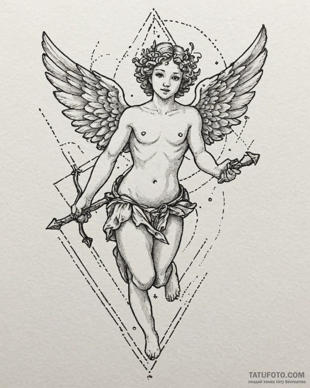 Cupid, tattoo drawing outline, on a clean whi… — эскиз тату (№1753069046_0, 21.07.2025 03:37) — Tatufoto.com