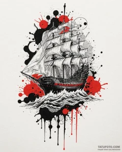 Ship, artistic tattoo sketch, trash polka tat... - эскиз тату (№1753069128_0, 21.07.2025 03:38) — Tatufoto.com