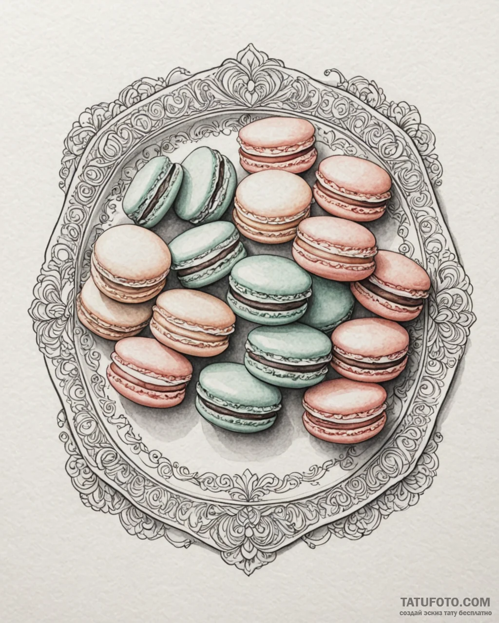A tray of colorful french macarons., tattoo d... - эскиз тату (№1753072428_0, 21.07.2025 04:33) — Tatufoto.com