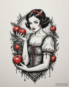 A trash polka tattoo of snow white holding a... - эскиз тату (№1753072758_0, 21.07.2025 04:39) — Tatufoto.com