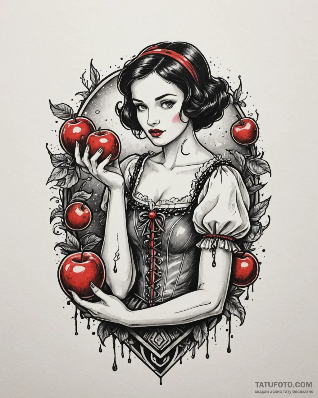 A trash polka tattoo of snow white holding a… — эскиз тату (№1753072758_0, 21.07.2025 04:39) — Tatufoto.com