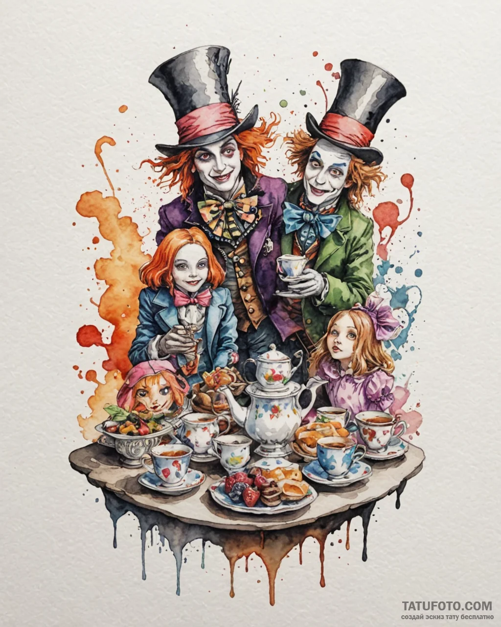 A watercolor tattoo of the mad hatter's tea p... - эскиз тату (№1753074906_0, 21.07.2025 05:15) — Tatufoto.com