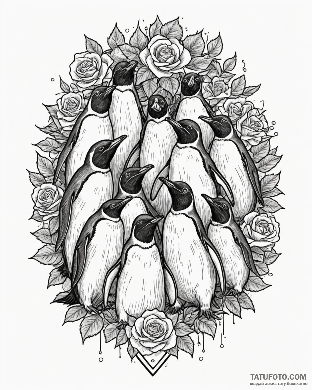 A group of penguins huddled together on an an... - эскиз тату (№1753075322_0, 21.07.2025 05:22) — Tatufoto.com