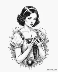 A trash polka tattoo of snow white holding a... - эскиз тату (№1753075488_0, 21.07.2025 05:24) — Tatufoto.com